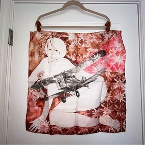 Vintage Koji Ishizaka Japanese Art Girl Airplane Neck Handkerchief Scarf